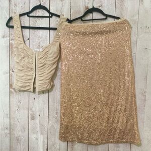 Size medium soft gold sequence stretch Skirt and nude top.